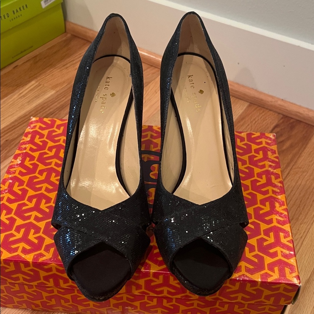 Kate Spade Glittering Black Peep Toe Heels